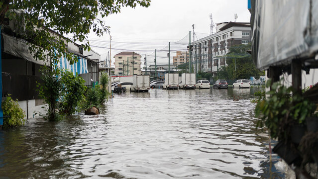 Flooded urban street with parked vehicles and residential buildings during a heavy rain event