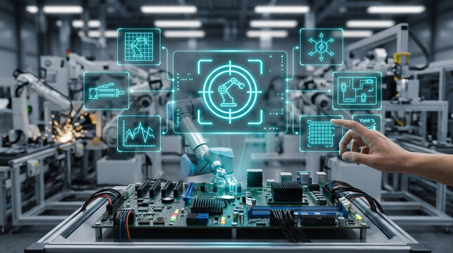 Close-up of a collaborative robot arm assembling a complex circuit board in a smart factory with holographic data interfaces and human interaction