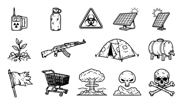 Post-apocalypse themed icon collection vector illustration with grunge black outline geiger counter, rusty flask, biohazard warning, ruined shopping cart, torn flag and skull
