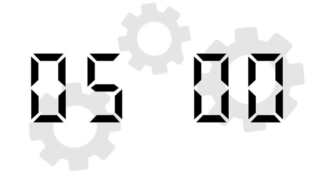 A digital clock with a transparent mechanical background showing the time 05:00.