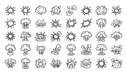 Comic explosion vector icon set with black outline starbursts, smoke clouds, mushroom clouds, crater blasts, debris bursts and cartoon boom effects on white © Prosenjit