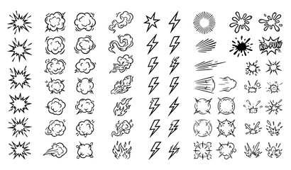 Comic explosion icon collection vector set with black outline starbursts, smoke clouds, lightning bolts, speed lines, paint splashes and action effects © Prosenjit