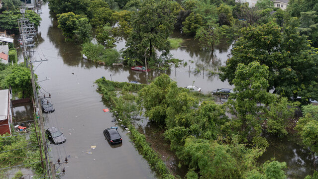 Aerial view of a flooded residential street with submerged cars and lush green trees after rain