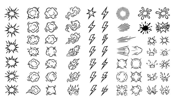 Comic explosion icon collection vector set with black outline starbursts, smoke clouds, lightning bolts, speed lines, paint splashes and action effects