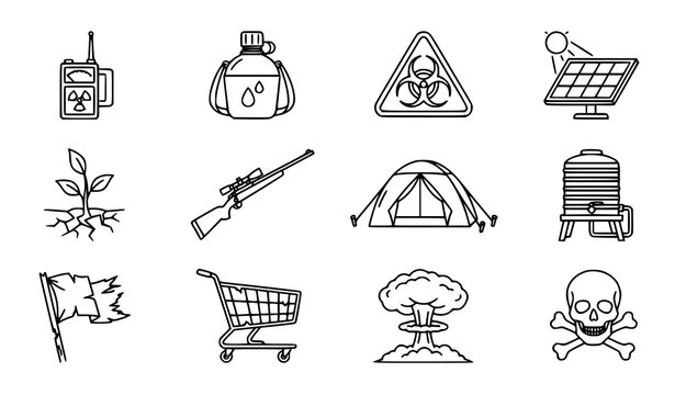 Post-apocalyptic survival symbols vector icon set with black line art geiger counter, canteen, biohazard sign, solar panel, tent, rifle, water tank and skull