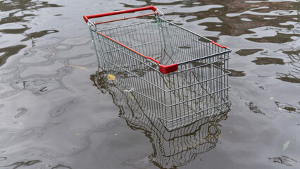 An abandoned metal shopping cart submerged in dark murky water after a heavy rainstorm event © Naypong Studio