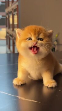 Cute Ginger Kitten Meowing on a Table