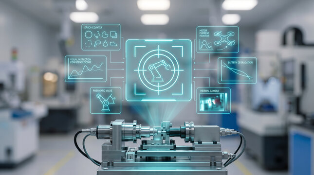 Close up of an advanced precision CNC monitoring station with a futuristic interconnected blue holographic HUD displaying industrial data and analytics in a factory setting