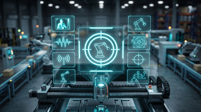 High-angle close-up of a precision CNC machine featuring a glowing blue holographic HUD display with automation icons in a futuristic smart factory environment