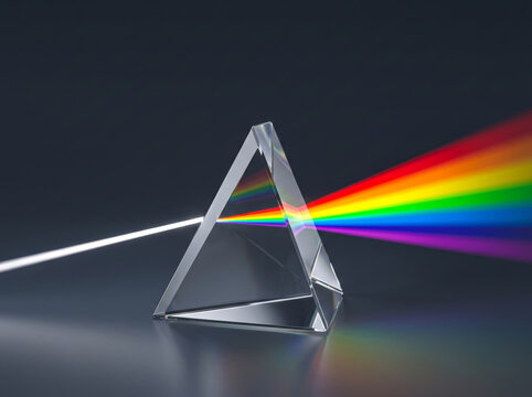 Physics science experiment showing triangular optical glass prism bending and refracting beam of light into vibrant colorful visible spectrum.