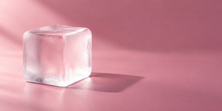 Frosted cube with a square shadow on pink