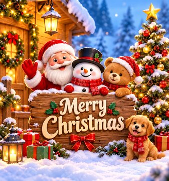 Santa Claus, snowman, teddy bear, and puppy celebrating Merry Christmas in snowy village with festive decorations