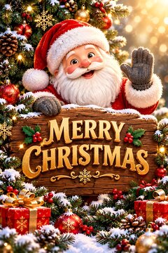 Santa Claus waving cheerfully behind wooden Christmas sign with festive greenery and gifts