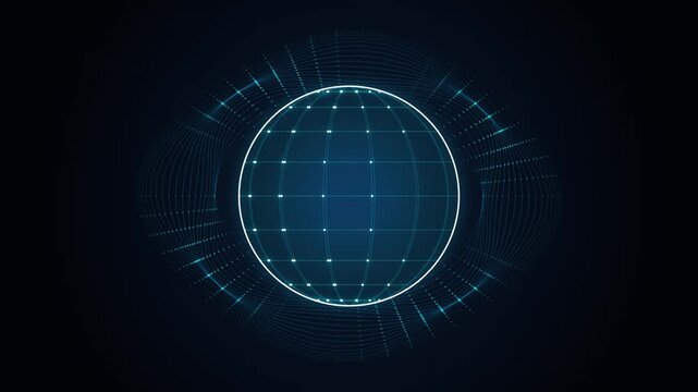 Futuristic digital hologram of rotating globe with energy waves on dark background.