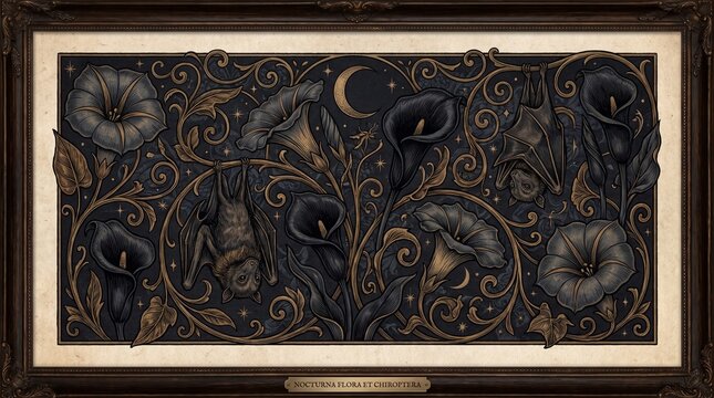 Dark Vintage Botanical Fruit Bat and Flora Pattern