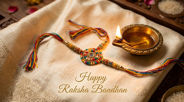 Colorful traditional Raksha Bandhan sacred thread with lit diya and decorative elements for celebration of sibling bond and