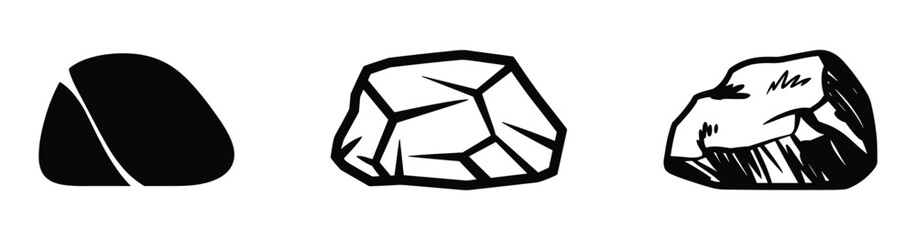 Set of three black and white stone featuring a solid silhouette, a geometric faceted rock, and a hand-drawn sketched boulder with hatching lines © Vin