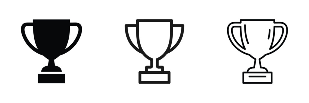 Set of three black and white trophy cup varying from solid silhouette to detailed line styles on a white background