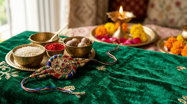 Traditional Indian Festival Setup with Decorative Jewelry and Festive Elements for Celebration