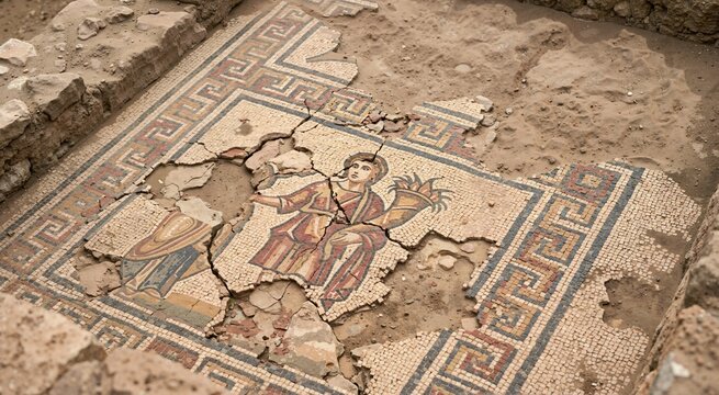 Ancient Roman floor mosaic unearthed at archaeological excavation. Damaged classical tile artwork depicting figure with horn of plenty