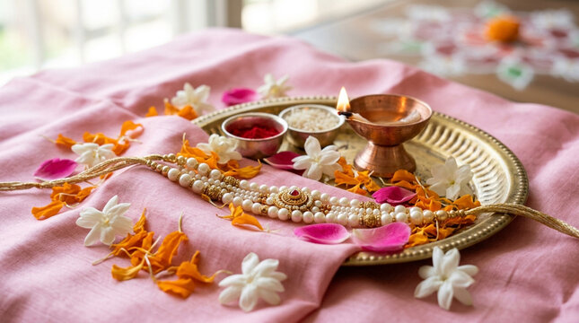 Elegant traditional Indian religious offering with flowers and sacred items arranged on a decorative silver tray