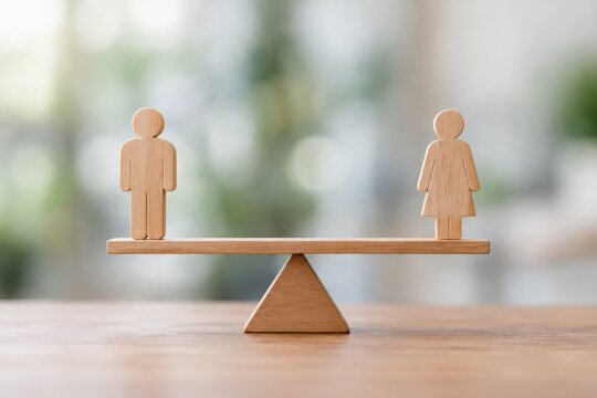 Wooden figures of a man and a woman balanced equally on a seesaw, symbolizing gender equality and balance in a neutral, blurred background.