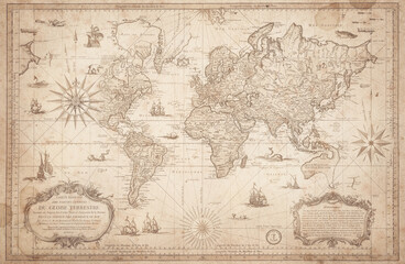 Antique world map. Old geographical map with compass roses on aged parchment background. Vintage geographic collage in sepia tones, inspired by old cartography and early exploration. © Tryfonov