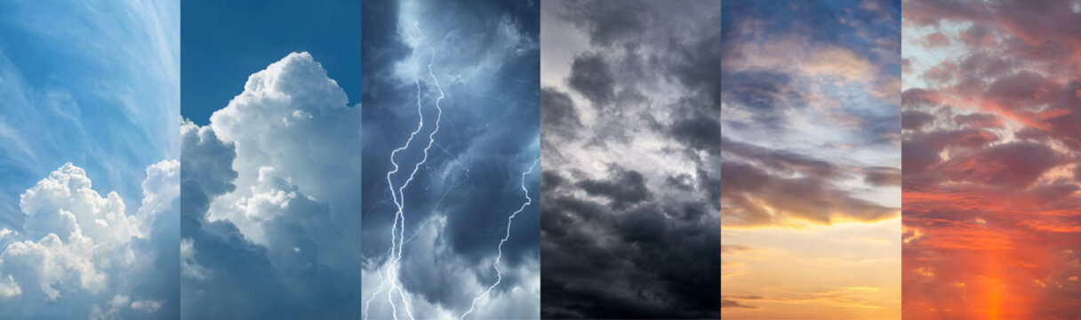 Weather forecast concept of contrasting atmospheric conditions, including colorful sunset clouds, cloudy skies, dark storm clouds, lightning and clear blue sky. 