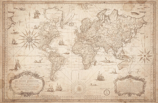 Antique world map. Old geographical map with compass roses on aged parchment background. Vintage geographic collage in sepia tones, inspired by old cartography and early exploration.