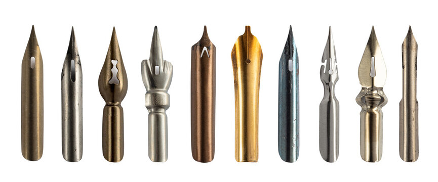 Collection of assorted vintage old pen nibs for fountain and dip pens, featuring different shapes, sizes, materials, and writing points isolated on a white background. 