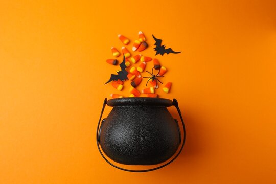 Halloween festive background with black cauldron, candy corn, pumpkins and black bats on orange surface