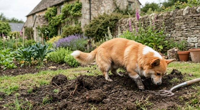Corgi dog digging hole in backyard vegetable garden bed. Active pet playing in dirt near stone cottage