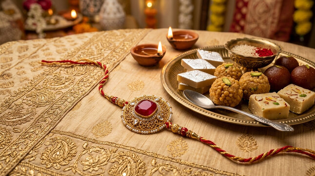 Elegant Indian festive celebration with traditional sweets and ornate decorations on a luxurious table setting