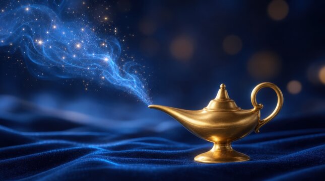 A magical golden lamp emits sparkling blue smoke against a dark, dreamy background with flowing fabric.