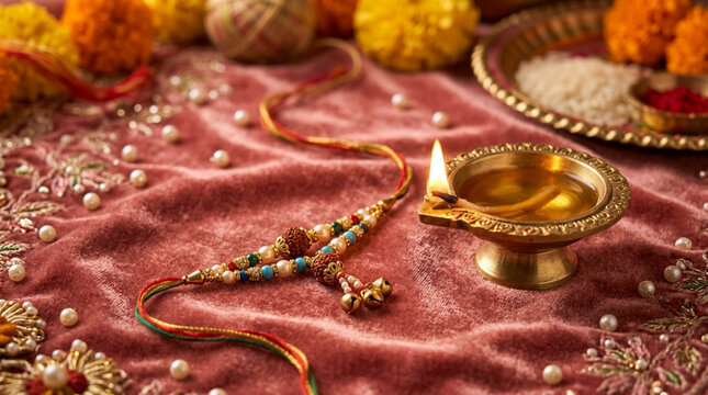 Traditional Indian Diwali decoration scene featuring colorful beads, flowers, and a lit oil lamp on a luxurious pink fabric