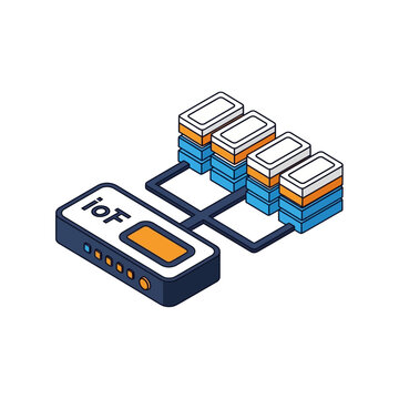Server rack connected to a router device with 'ioF' branding.