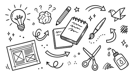 Hand drawn doodle vector collection of creative process featuring light bulb, idea sketch, pencil, notebook, design draft, brush, scissors, glue, workflow arrows, isolated on white background © Creative Lab