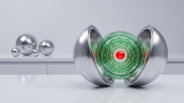 Modular nuclear reactor core with glowing green energy sphere in a clean laboratory environment
