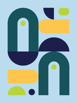 Abstract geometric composition with arches circles and rectangles in teal yellow and green
