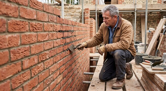 Mature mason pointing mortar joints on a brick wall with a trowel. Professional bricklayer working on scaffolding at construction site