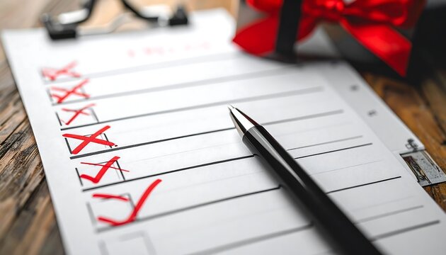 To do list with red cross marks and black ink pen on wooden office desk under soft lighting