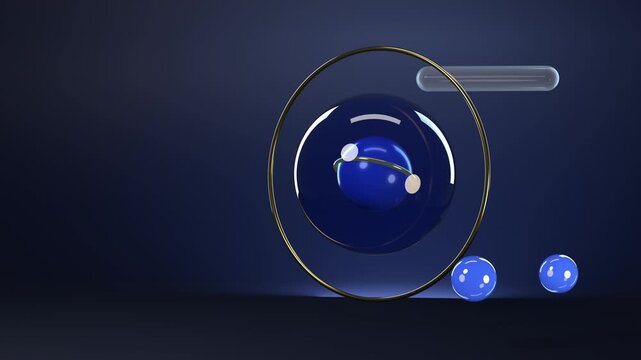 Sapphire blue sphere inside a glass shell with gold rings orbiting and blue spheres floating on a midnight navy studio background, 3D animation