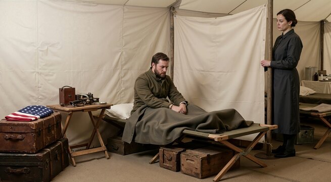 Wounded soldier sitting on folding cot in vintage army field hospital tent. Nurse standing near partition during historical reenactment. Military medical concept
