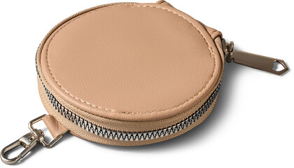 beige round leather coin purse isolated white background, small wallet with metal zipper and clasp attachment, fashion accessory product shot © Shamil
