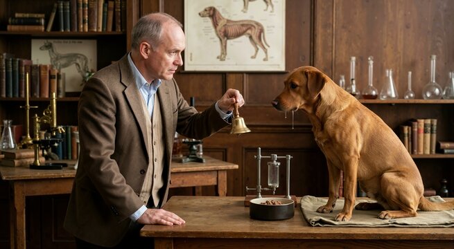 Pavlov conditioning experiment recreation with dog salivating at bell sound. Classical conditioning concept