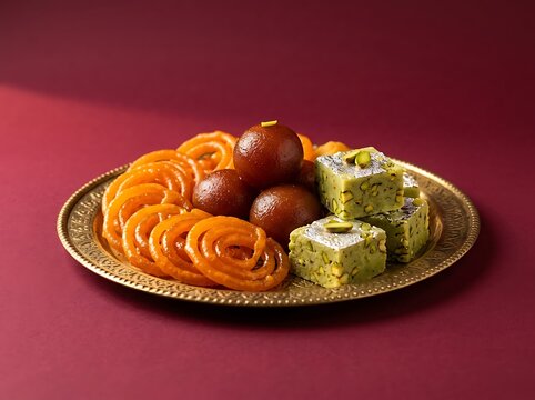 Delicious assortment of traditional Indian sweets on a decorative plate