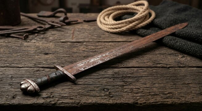 Ancient rusted iron sword on rustic wooden workbench. Antique medieval blade weapon with coiled rope