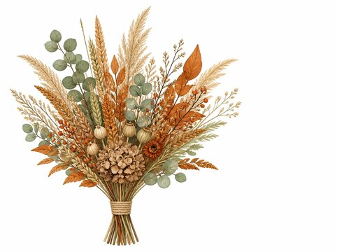 Dried autumn bouquet with grasses and berries, home decoration concept