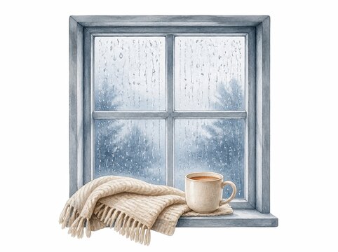 Rainy window with tea and blanket, home relaxation concept