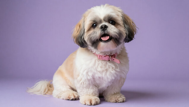 Cute Shih Tzu puppy wearing a pink collar sitting on a purple background. Adorable fluffy dog looks at the camera with its tongue out